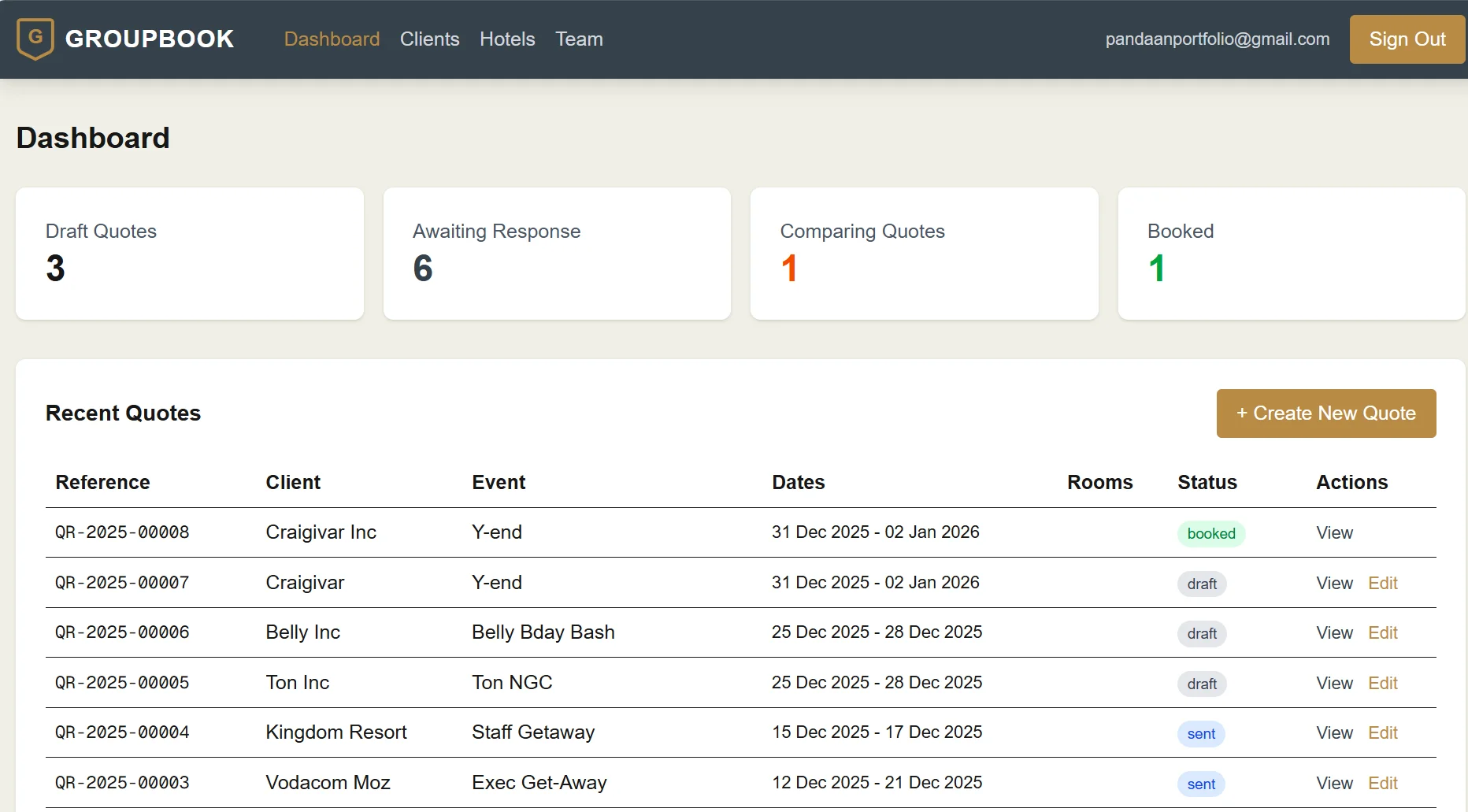 GroupBook Dashboard - Track all your quotes in one place