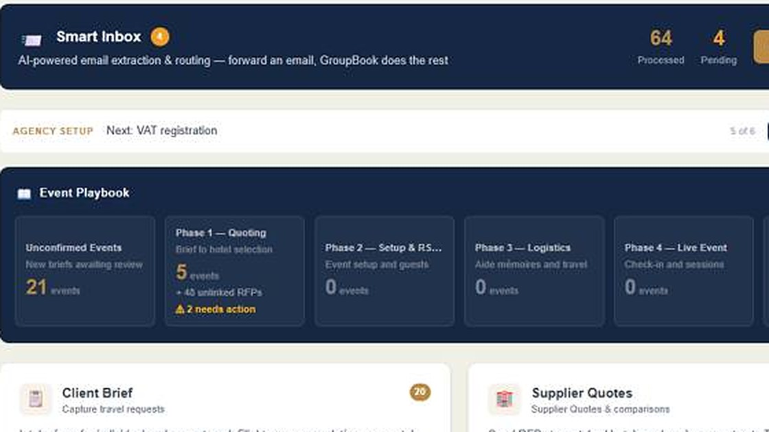 The GroupBook command centre: Smart Inbox, event playbook and client brief intake